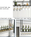 Ceiling Hanging Wine Glass Rack And Bottle Holder With Solid Wood Shelf And Metal Frame For Overhead Kitchen Bar Grade Storage Wall Mount Display Space Saver Great For Glasses Bottles Plants And Decor installed in modern kitchen, showcasing wine bottles and glasses.