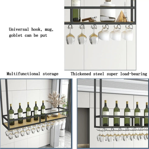Ceiling Mount Wine Glass Rack With Bottle Holder And Solid Wood Shelf Dope Overhead Storage for bar, kitchen, living room, garage.