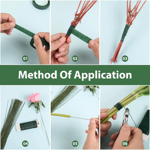 Step-by-step usage of DIY Floral Arrangement Kit With Green Floral Tape And Wire For Boutonniere And Bouquet.