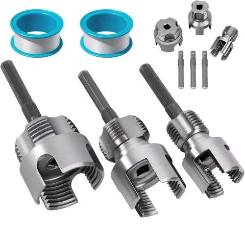 Two In One Pipe Thread Cutter And Internal External Threading Tool Set For PVC Pipes One Half Inch Three Quarter Inch And One Inch Fits All Electric Drills DIY Friendly Three Piece Kit showing drill bits and threading tools.