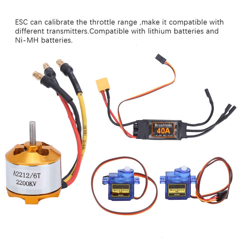 Plug And Play 2212 KV2200 Brushless Motor Paired With 40 Amp XT60 ESC Controller And SG90 Servo Plus 6035 Propeller Kit components layout.