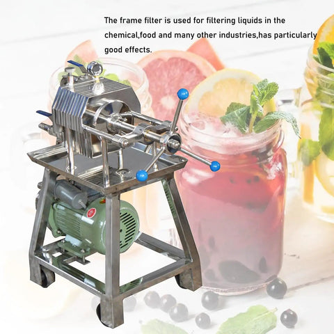 Heavy Duty Plate And Frame Filter Press Machine For Clarifying Peanut Soybean Oil, Stainless Steel 10 Layer Disc Setup With Beast Mode Durability And Straight Up Reliable Filtration, 1.5KW 110V on a metal cart with vibrant drink background.