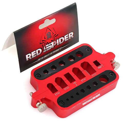 Pro Grade RC Soldering Station Jig Fixture With Ball End Remover Plus Multifunction Hex Socket Wrench Designed For XT60 XT90 Banana Plug Connectors Hustle Ready Build showing red aluminum jig with labeled XT60 and XT90 sockets.