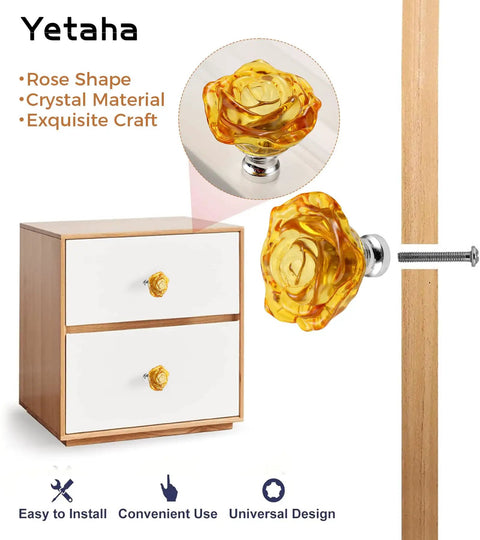 Yellow Crystal Rose Shaped Glass Cabinet Knobs 5 Pack With Screws Easy Install for drawers and cabinets
