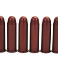 AZoom 38 Special Revolver Metal Snap Cap Pack Of 6 For Safe Dry Fire Practice, row of red aluminum snap caps.