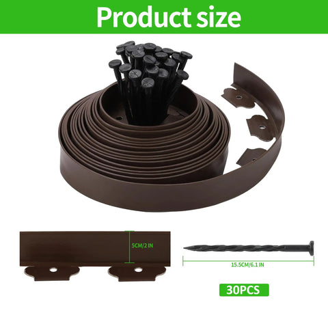 2 Inch By 33 Foot Garden Edging Border Coil With 30 Stakes, Easy Install Landscaping Kit, brown coil and stakes