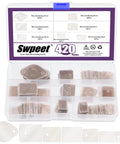 420Pcs Mica Insulation Sheets Kit with 6 Sizes and 2 Styles, includes transparent rectangle mica pads with and without holes in a case.
