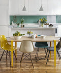 No Drilling Required 28 Inch F-Shape Table Legs 4 Pack Adjustable Metal Desk Legs, Yellow Finish on wooden floor with chairs