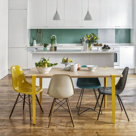 No Drilling Required 28 Inch F-Shape Table Legs 4 Pack Adjustable Metal Desk Legs, Yellow Finish on wooden floor with chairs