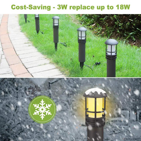 Solar Pool Lights For Above Ground Pools, 8-Pack Low-Voltage Pathway Lights, 3W 12V, on sidewalk and grass with snow graphic