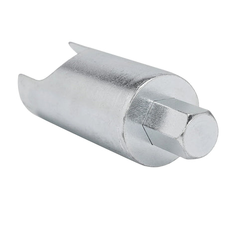 Close-up of a silver metal water heater valve remover tool with hex end for a temperature/pressure relief valve