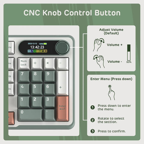 CNC knob control button detail on Slick Wireless Mechanical Keyboard With Integrated Smart Screen And Twist Knob For Rock Solid Triple Mode Connection And Total Fire Rgb Backlighting For Serious Gamers And Daily Hustlers Seeking A Clean Setup.