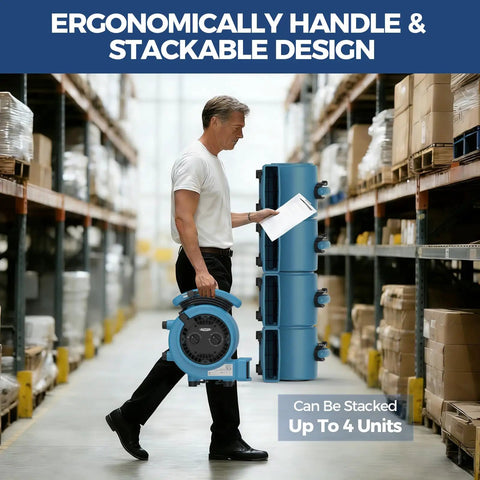 Man carrying Powerful 1000 CFM Air Mover Blower, showing stackable design for home, industrial, and commercial use in storage area.