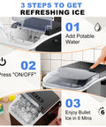Countertop ice maker, black with transparent lid; produces bullet ice in 6 minutes and includes basket and scoop