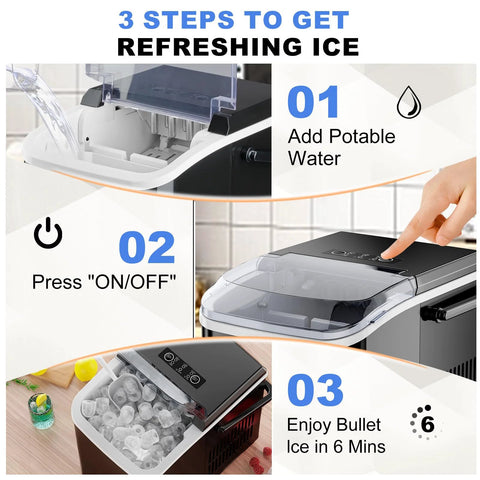 Countertop ice maker, black with transparent lid; produces bullet ice in 6 minutes and includes basket and scoop