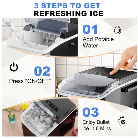Heavy Duty Countertop Ice Maker With Carry Handle Chilling Bullet Ice Cubes In Six Minutes with three steps for operation.