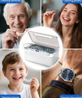 Ultrasonic Jewelry Cleaner Pro 47kHz Deep Cleaning Machine With Three Cleaning Modes For Retainers Mouth Guards Watches Rings Diamonds White Dope Cleaning Power shown with cleaning applications including dentures, jewelry, braces, and a watch.