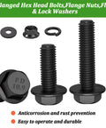 Top Shelf M8 X 30mm Full Thread Flanged Hex Head Bolts With Flange Nuts Flat And Lock Washers 10 Piece 10.9 Grade Black Zinc Plated Alloy Steel