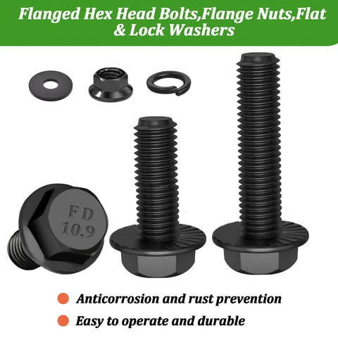 Top Shelf M8 X 30mm Full Thread Flanged Hex Head Bolts With Flange Nuts Flat And Lock Washers 10 Piece 10.9 Grade Black Zinc Plated Alloy Steel