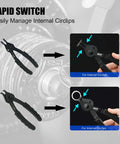 14 Piece Snap Ring Pliers Set With Internal And External Circlips Pliers Including 45 Degree Bent 90 Degree Bent And Straight Pliers Hook And Pick Pro Grade Heavy Duty Removal Tool With Storage Case And Gloves For Easy Ring Removal displayed removing an internal circlip