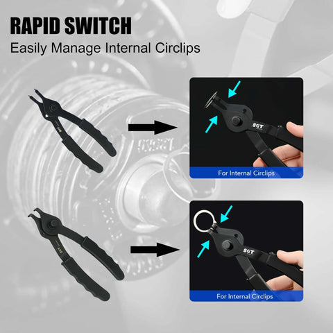 14 Piece Snap Ring Pliers Set With Internal And External Circlips Pliers Including 45 Degree Bent 90 Degree Bent And Straight Pliers Hook And Pick Pro Grade Heavy Duty Removal Tool With Storage Case And Gloves For Easy Ring Removal displayed removing an internal circlip