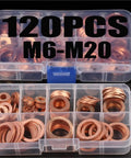 Pro Flat Copper Washers 120 Solid Seals M6 M20 Heat Proof Set Fits All Car Boat Sump Plugs Anti Leak Hardware Fixes Rides And Homes Stops All Leaks Daily Projects Like A Boss With Strong Quality Built Tough For Your Ride. 120-piece copper washer kit in organizer, M6-M20 sizes