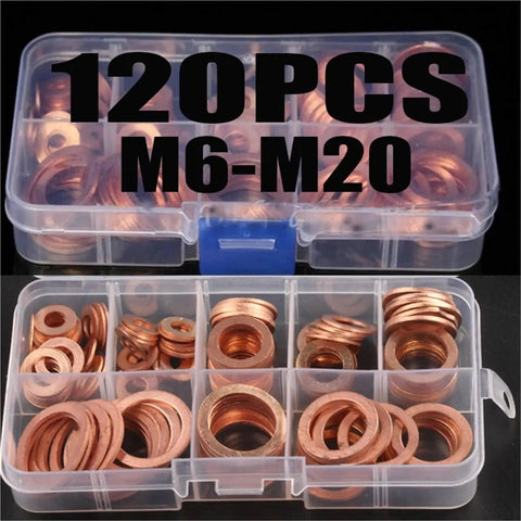 Pro Flat Copper Washers 120 Solid Seals M6 M20 Heat Proof Set Fits All Car Boat Sump Plugs Anti Leak Hardware Fixes Rides And Homes Stops All Leaks Daily Projects Like A Boss With Strong Quality Built Tough For Your Ride. 120-piece copper washer kit in organizer, M6-M20 sizes