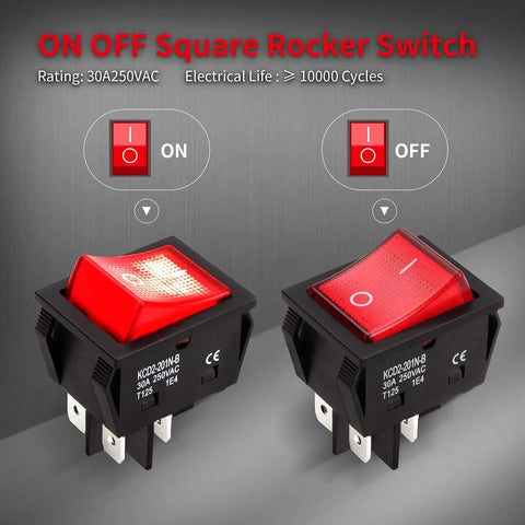 Beefy 30A 250V DPST Rocker Switch With Red Illuminated Indicator 4 Pin For 120V Or 240V Use Heavy Duty Toggle On Off T125 3 Pack