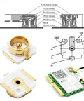 Diagram and close-up of Coaxial RF Connector Set For UFL Solder PCB Mount with technical details and motherboard.