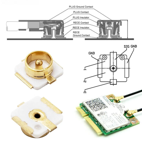 Diagram and close-up of Coaxial RF Connector Set For UFL Solder PCB Mount with technical details and motherboard.