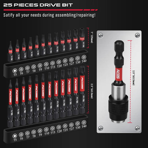 25 Piece Torx Bit Set With Security Tamper Proof Bits For Impact Drivers, 1 Inch And 2.5 Inch Shank Sizes, T5 Through T40, CNC Machined Magnetic Tips, S2 Steel, High Torque Precision Tools With Durable Storage Case