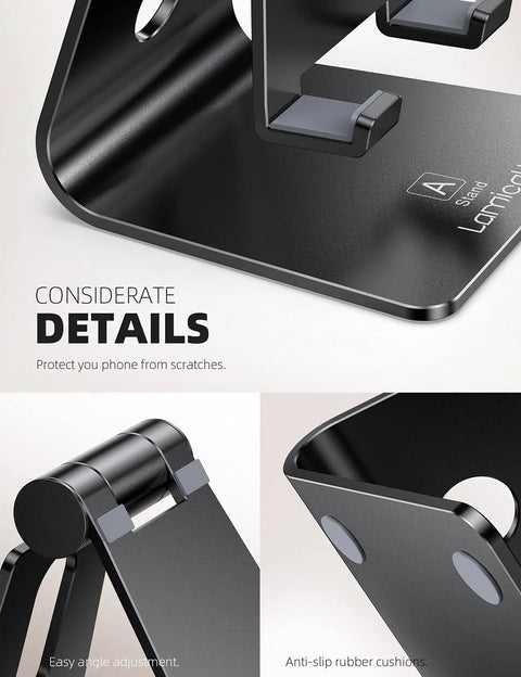 Close-up view of Go-To Adjustable Phone Stand with anti-slip rubber cushions and easy angle adjustment for 4-8 inch smartphones.