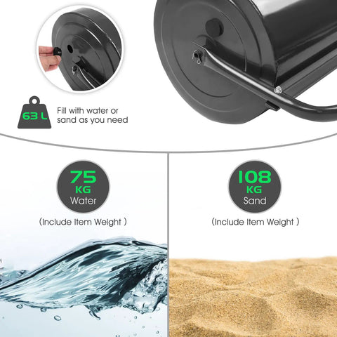 Close-up of Beefy 36 Inch Lawn Roller With 17 Gallon Capacity For Water Or Sand Filling, showing the fill port and material options.