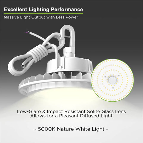 150W LED High Bay Light Hella Bright For Warehouses And Gyms IP65 Wet Location Dimmable 1-10V 21000 Lumens 5000K White ETL Certified impact-resistant glass lens and 5 ft cable