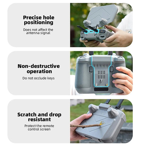 RC Sun Hood Shield For DJI RC 2 Controller showing precise hole positioning, non-destructive operation, and scratch resistance features.