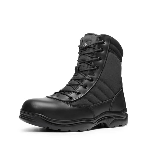 Mens Heavy Duty Steel Toe Work Boots For Construction And Industrial Safety with leather and textile upper, front view.