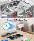Before and after using Go To All In One Portable Travel Charging Cable Kit For Apple Watch And iPhone, highlighting tidiness.