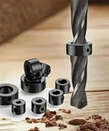 Adjustable Drill Depth Stop Collars Precision Guide Rings With Wrench For Consistent Hole Depths And Diy Projects Absolute Must Haves For Any Weekend Warrior Black set of eight rings around a drill bit on wooden surface.