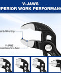 Close-up of V-Jaw design on 7 Inch Water Pump Pliers With Quick Release Groove Joint, Push Lock Design, Heavy Duty CR V Steel