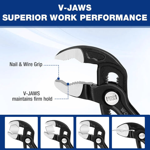 Close-up of V-Jaw design on 7 Inch Water Pump Pliers With Quick Release Groove Joint, Push Lock Design, Heavy Duty CR V Steel
