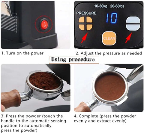 Using procedure steps for No Sweat Automatic Electric Coffee Tamper With Self Cleaning Stand, 58MM Adjustable Portafilter Press.