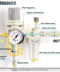 Diagram of 2 In 1 Oil And Air Regulator Filter With Lubricator Cup And Gauge, 1/4 Inch NPT Inlet, 0-145 PSI, showing component labels and airflow direction.