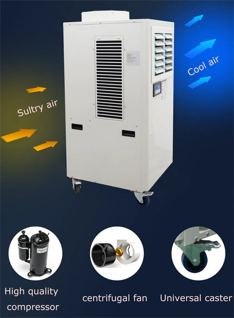 Heavy Duty 220 Volt Industrial Portable Air Conditioner Packing Serious Cooling Power On Smooth Caster Wheels and 14 Liter Tank with airflow detail.