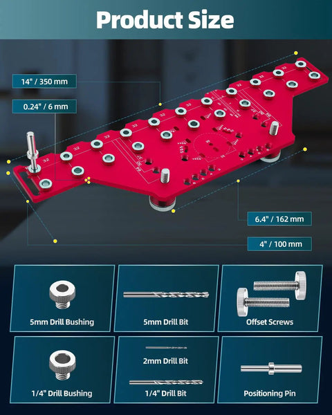 Two In One Cabinet Jig With Eleven Hole Shelf Pin Guide And Concealed Hinge Drill Template, red metal, product size details