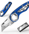 Folding Utility Knife Pocket Knife Heavy Duty Box Cutter With Aluminum Body Quick Change Blades Anti Slip Finger Loop Durable Razor Knife For Home Office And Warehouse Tackle Tough Jobs With Ease. Blue folding utility knife with aluminum body, blade and spare blade
