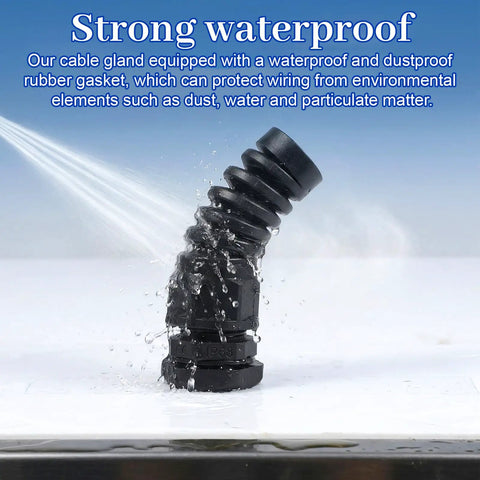 4 Pack NPT One Half Inch Waterproof Cable Glands For Six To Twelve Millimeter Cables, Adjustable Strain Relief Bushing, Nylon Body, Keeps Your Wiring Dry, Sealed And Protected Anywhere. Black nylon waterproof cable gland under water spray, IP68