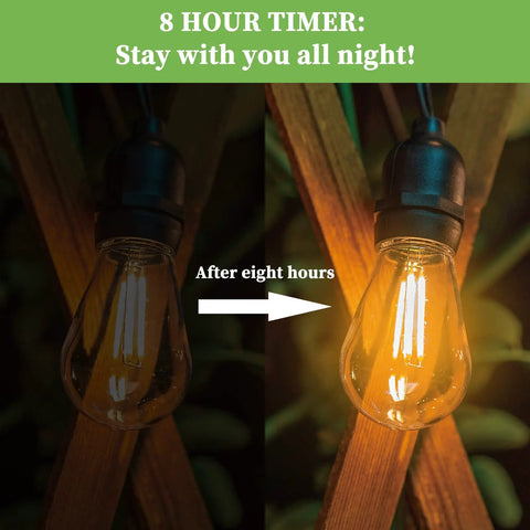 52 Foot Dimmable LED Outdoor String Lights With Remote Dimmer showing 8-hour timer effect on Edison bulb, wood in background