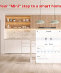 Minimalist kitchen with floating shelves displaying smart scheduling for Mini Smart Remote Hub With IR Blaster; background shows schedule feature.