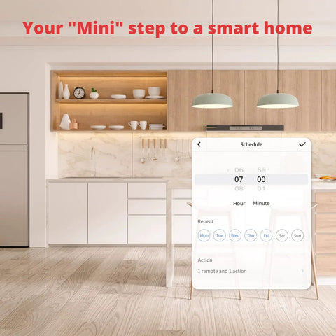 Minimalist kitchen with floating shelves displaying smart scheduling for Mini Smart Remote Hub With IR Blaster; background shows schedule feature.