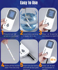Instructions showing usage of 6 In 1 Digital Aquarium Water Test Kit With 50 Strips For Fresh And Saltwater Tanks Fast And Accurate PH Nitrate Nitrite Chlorine Total Hardness And Carbonate Testing For Fish Tanks.